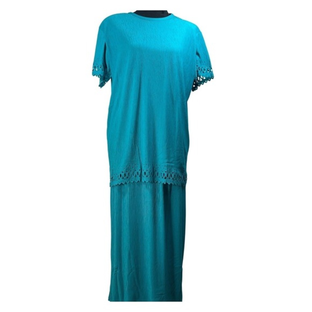 Superline USA Vintage‎ Teal 2 Pc set Skirt Set Eyelet Plisse coastal grandma